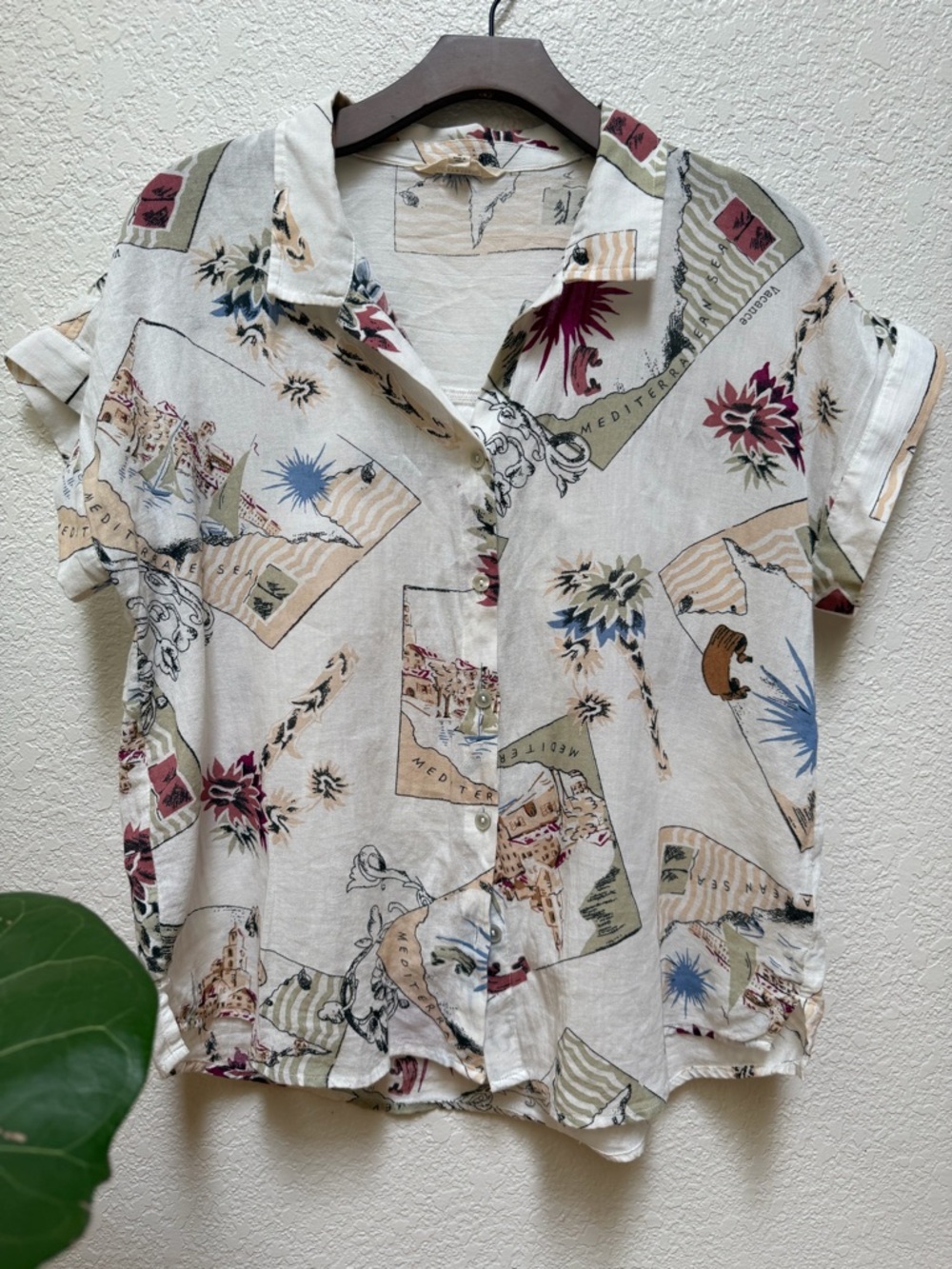 Lucky Brand Mediterranean Print Button Front Blouse 100% Cotton Size M